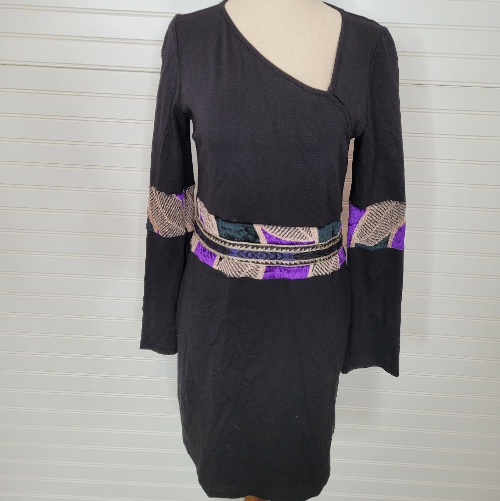 Custo Barcelona Black Mini Dress with Purple & Cream Geometric Bands
